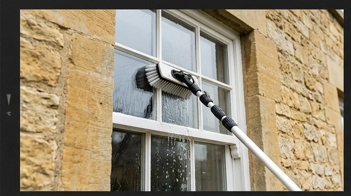 Illustrative water-fed brush cleaning a sash window on a limestone home