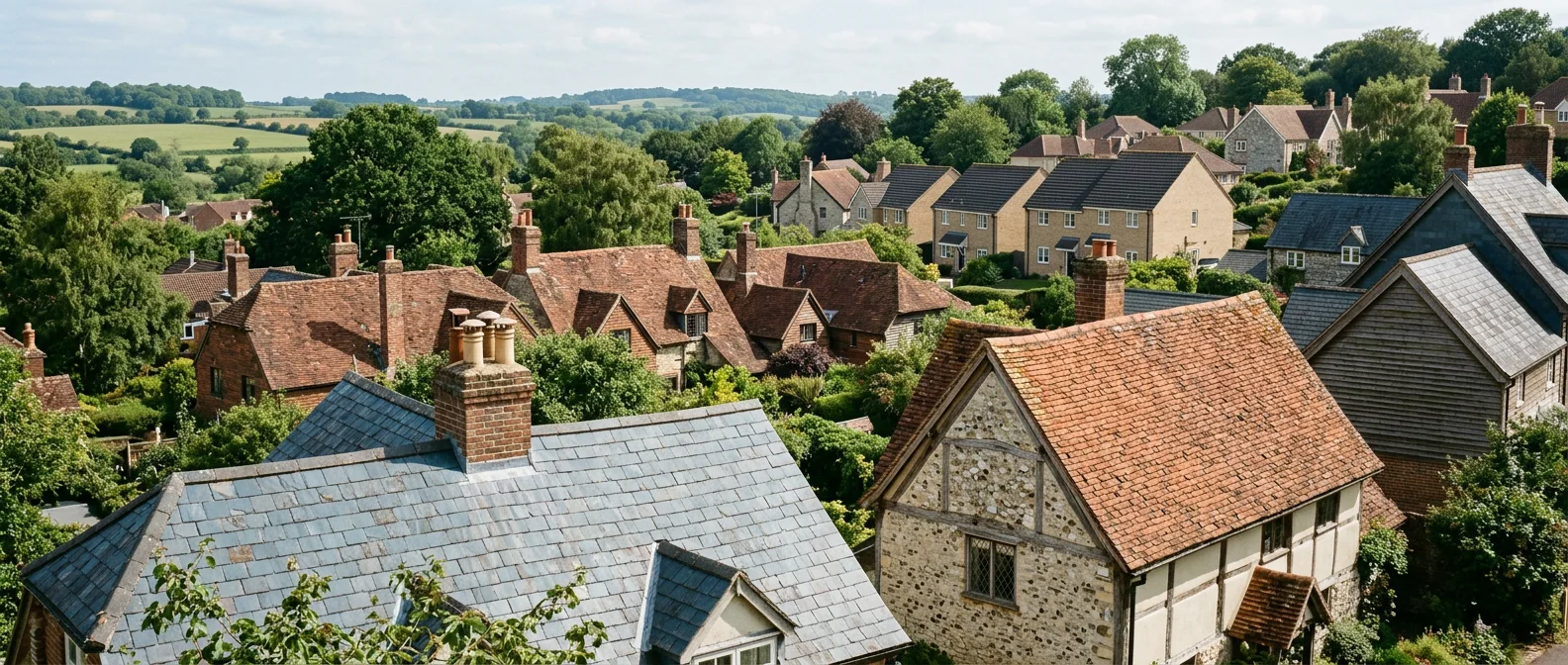 Illustrative Winchester-inspired residential rooflines with traditional slate, clay tiles and newer homes among mature trees