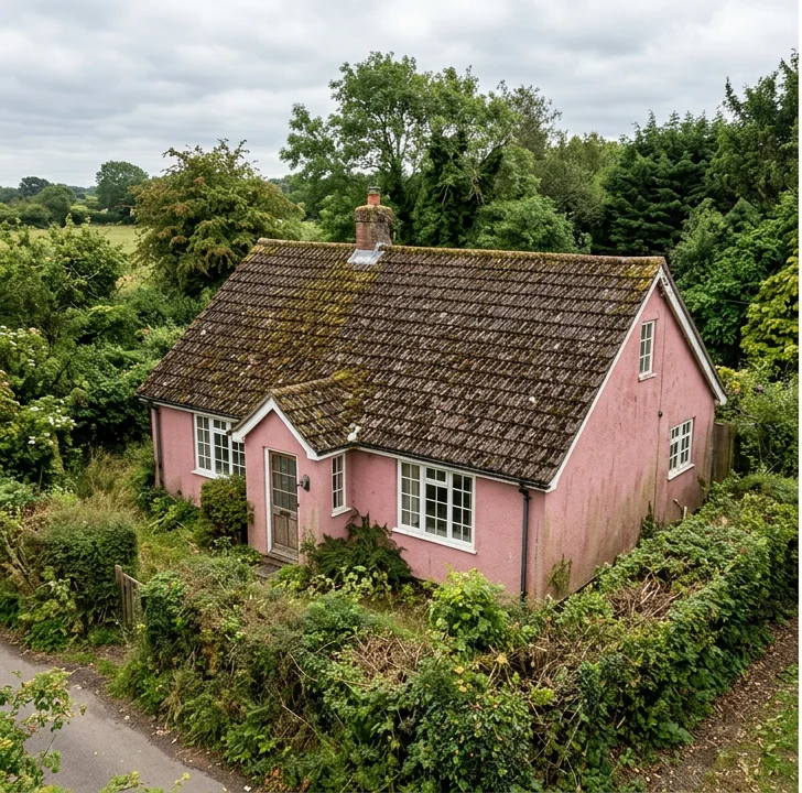 Illustrative pink rendered bungalow with moss on brown concrete roof tiles