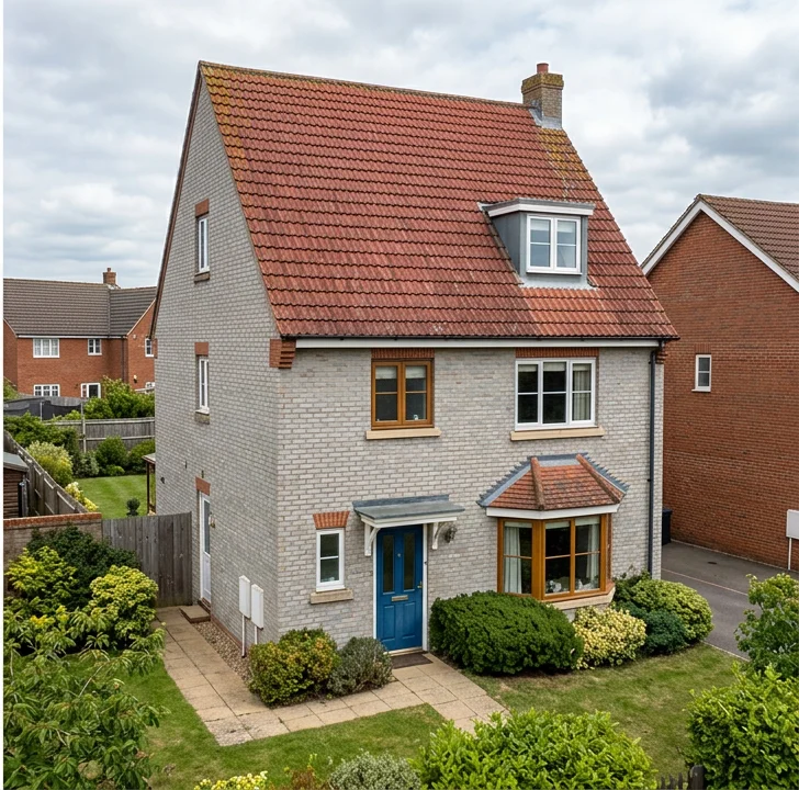 Different illustrative grey brick house with faded reddish mineral roof tiles